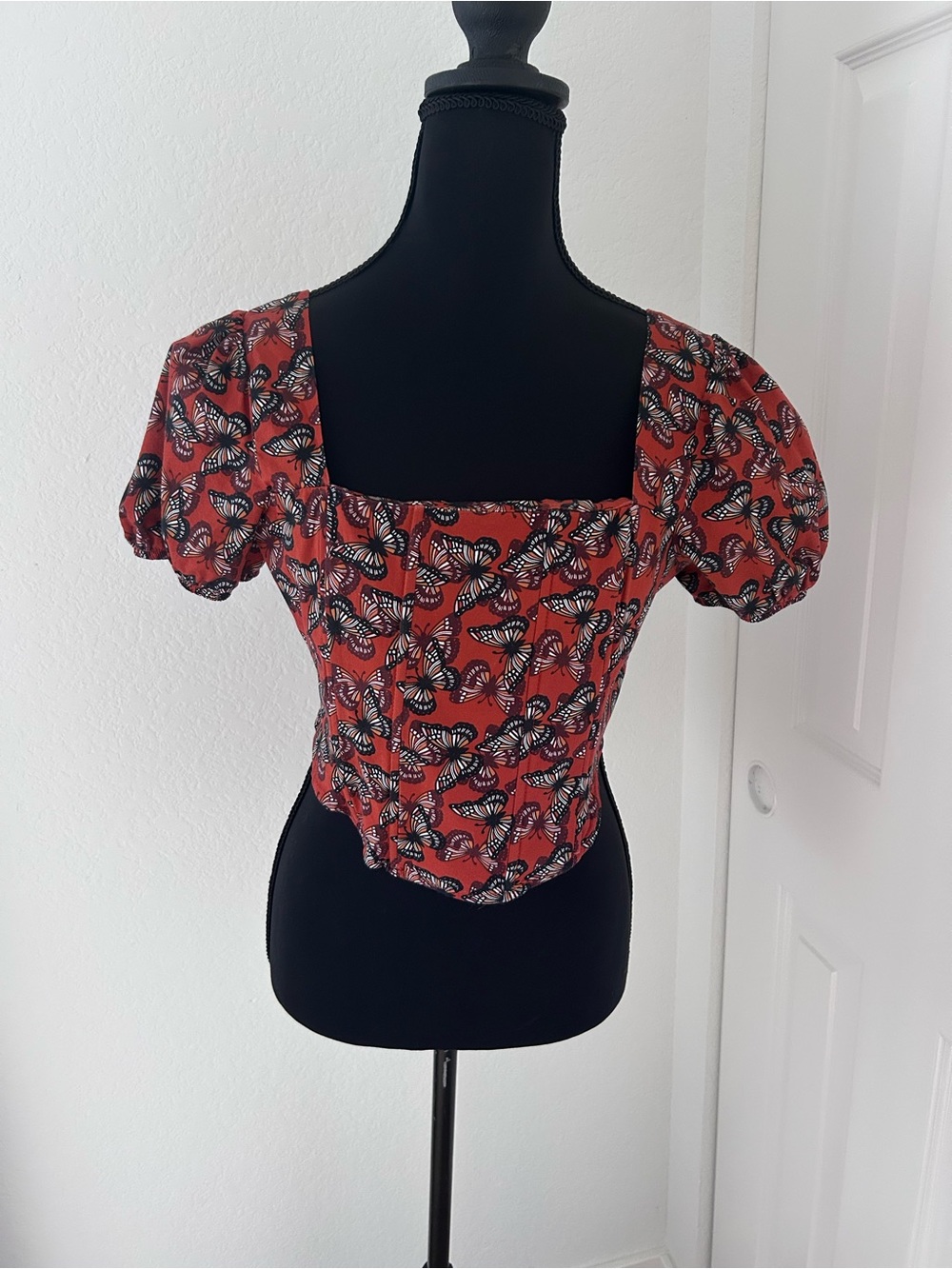 Butterfly Print Puff Sleeve Corseted Crop Top Boho Hippie Indie Festival